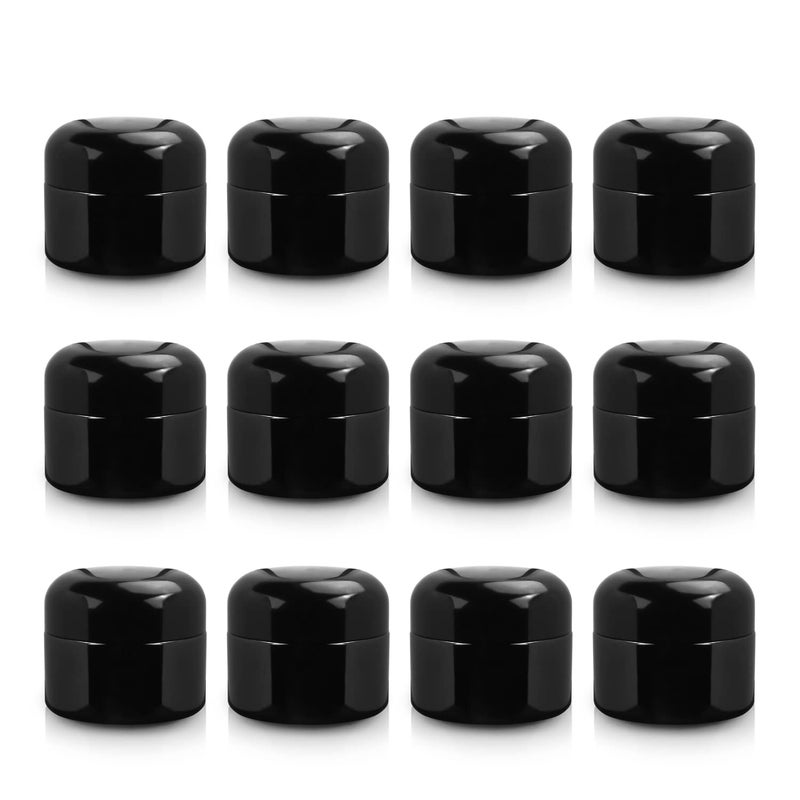 12 Pack 1oz Black Matte Glass JarsEmpty Round Storage Travel Containers with Black Dome Lid  Inner LinersRefillable Cosmetic Vials for OintmentsCreamsSalve Lotion12 Spatulas